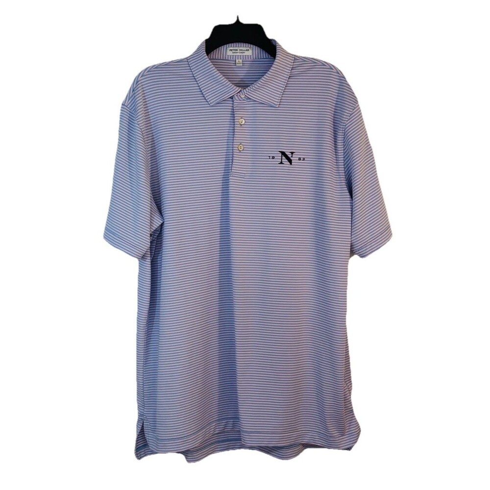 Peter Millar Polo Shirt L Pink Blue Stripe Summer Comfort N 1983 Nautica Logo